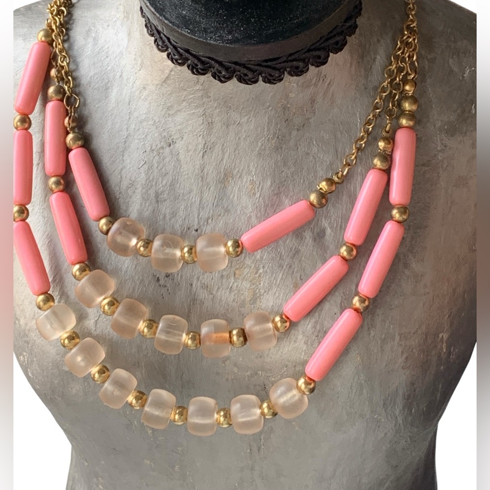 Vintage Three Strand Acrylic Pink Clear & Gold Beaded Women’s Necklace Jewelry